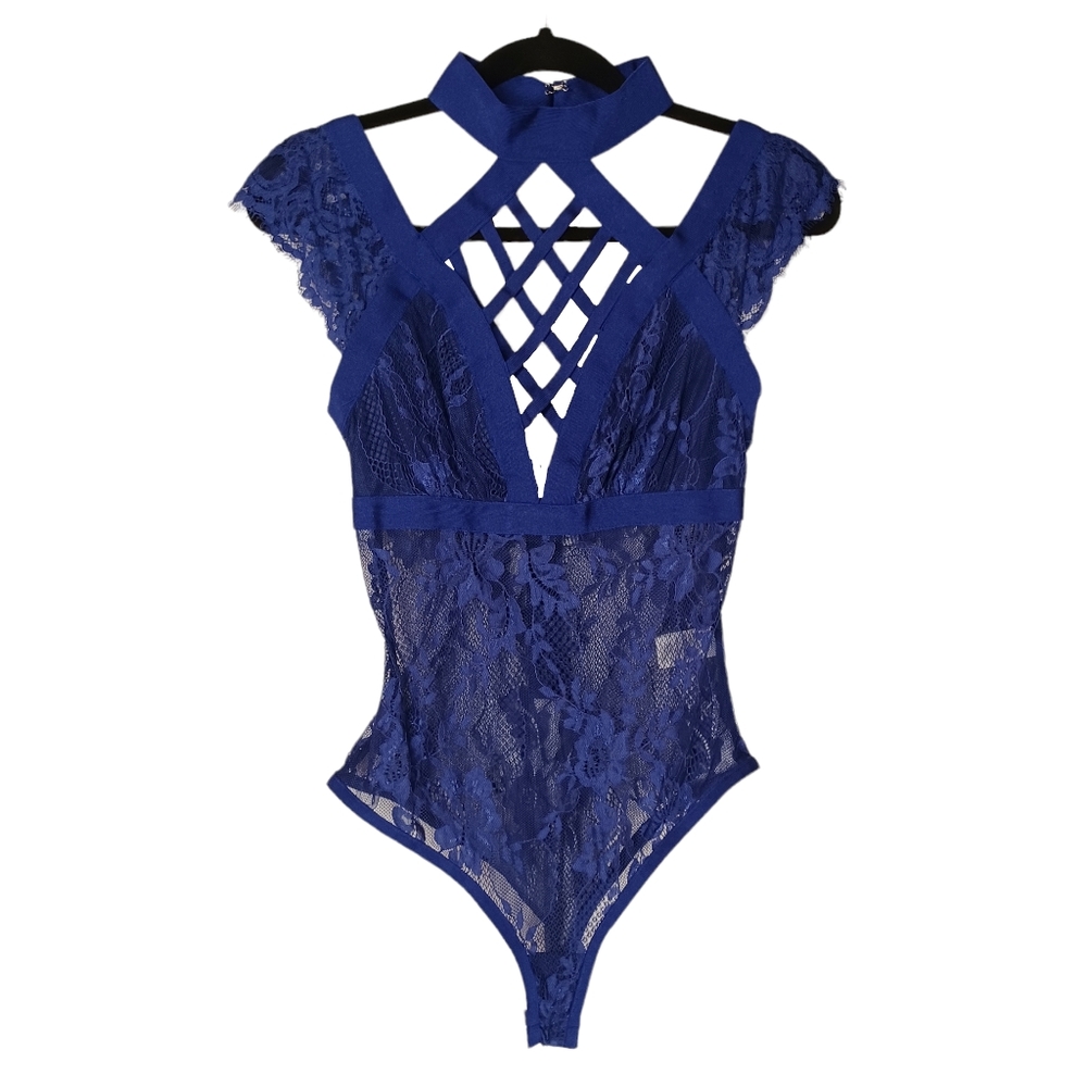 WOW COUTURE Royal Blue Lace Bandage Short Sleeve Bodysuit Small